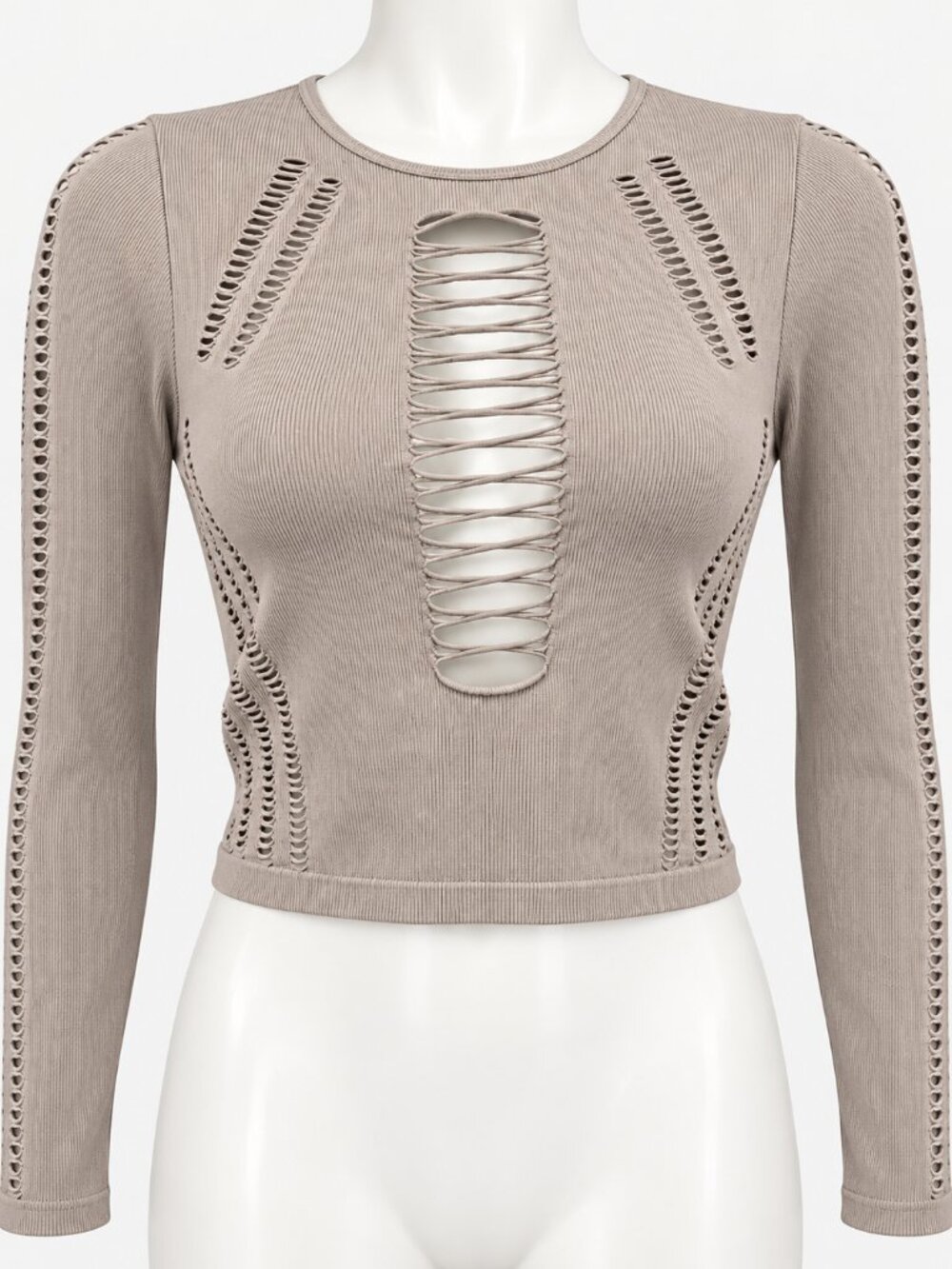 B.DY Garage Taupe Shredded Cutout Ribbed Crop Top Long Sleeve Size S